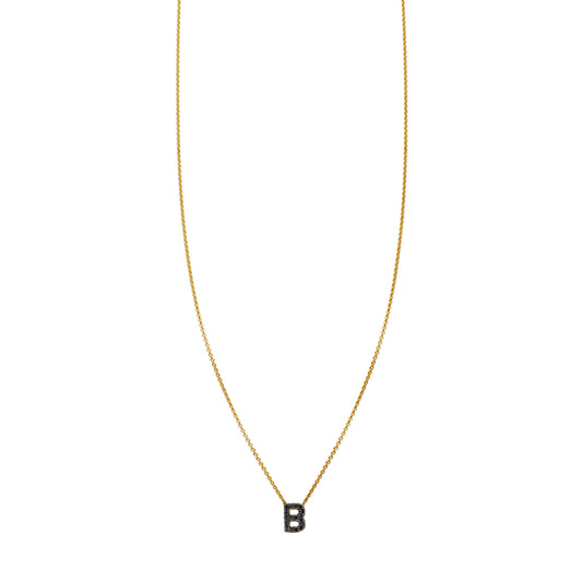 14K gold black diamond initial necklace, pave-set black diamonds, customizable chain, yellow, white, or rose gold