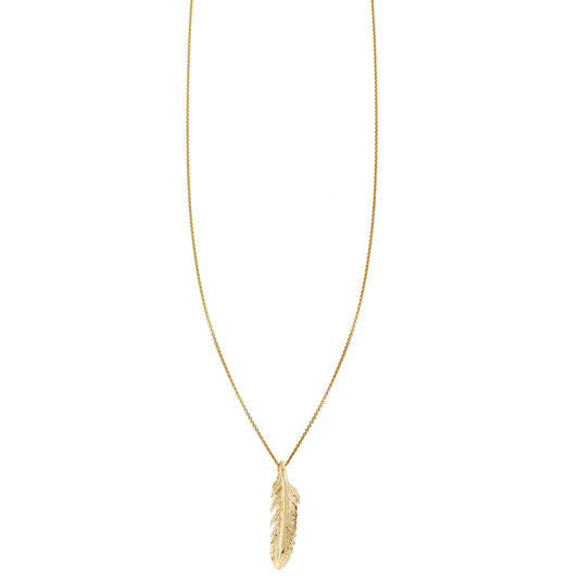 Phoenix Roze 14K gold feather charm necklace—delicate, symbolic pendant in yellow, white or rose gold, handcrafted in NYC.