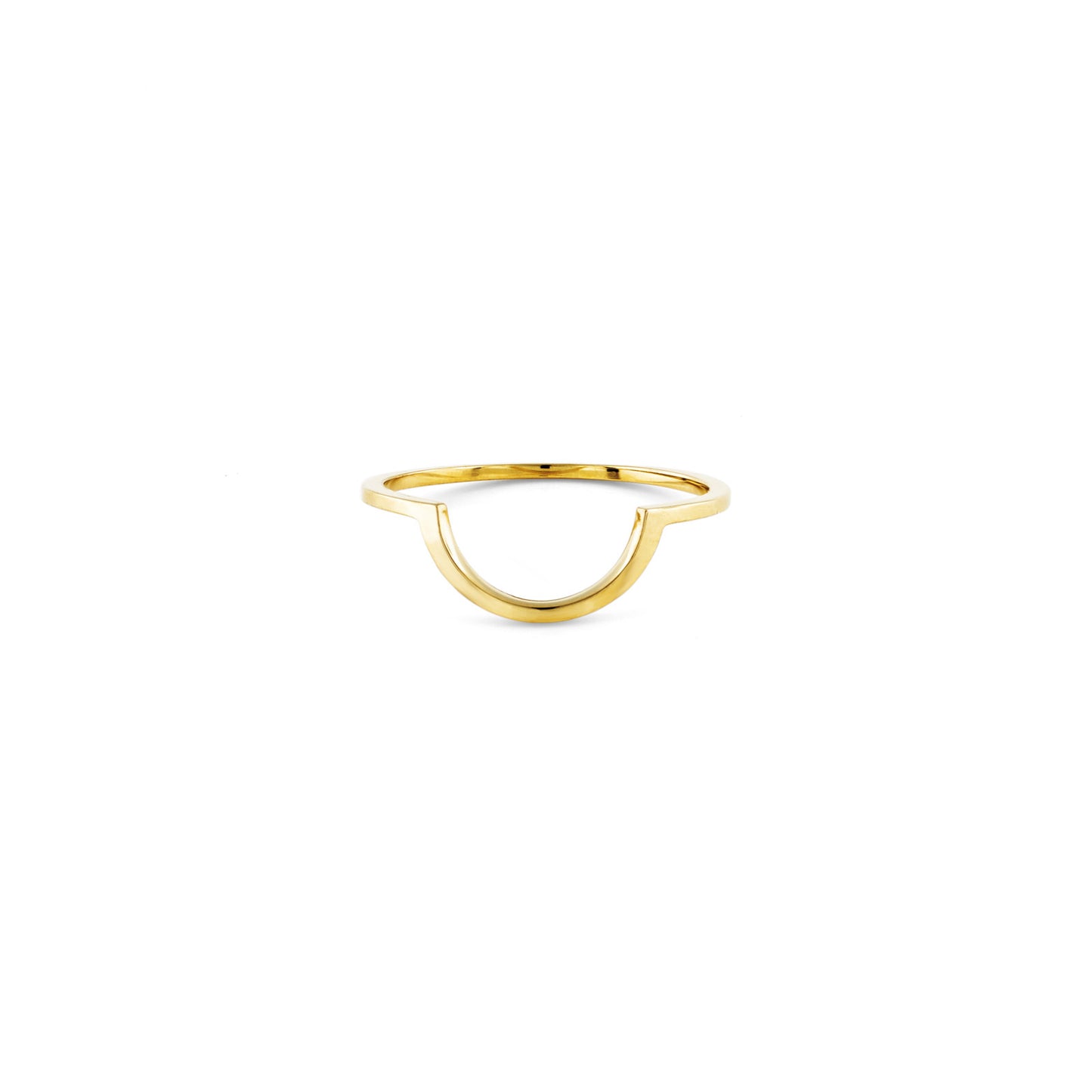 14k yellow gold half-circle precious outline ring, lunar-eclipse inspired; stacks as a gable around bands or shines alone.