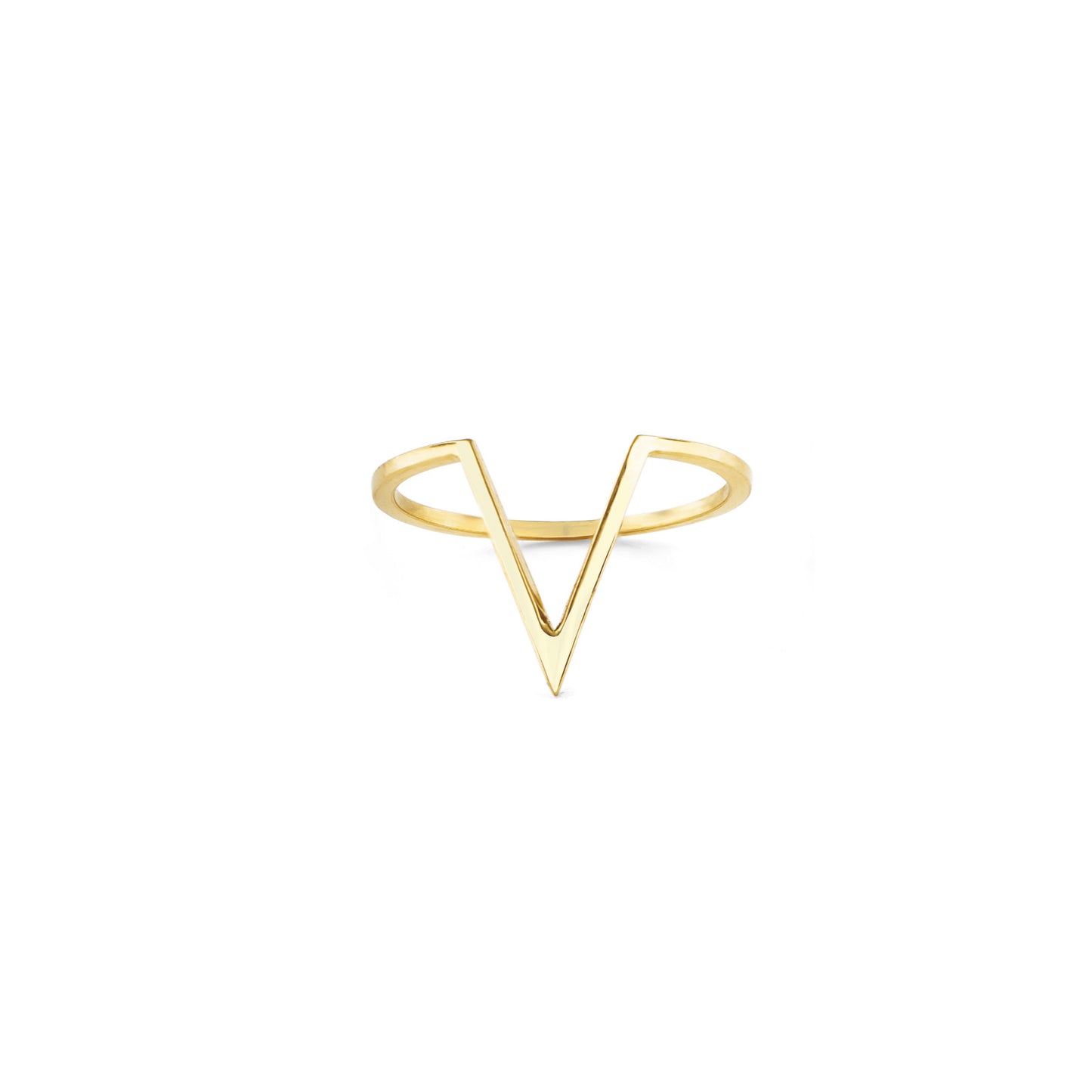 14k gold Outline V Ring with sleek chevron design, architectural-inspired band cascading softly down the finger
