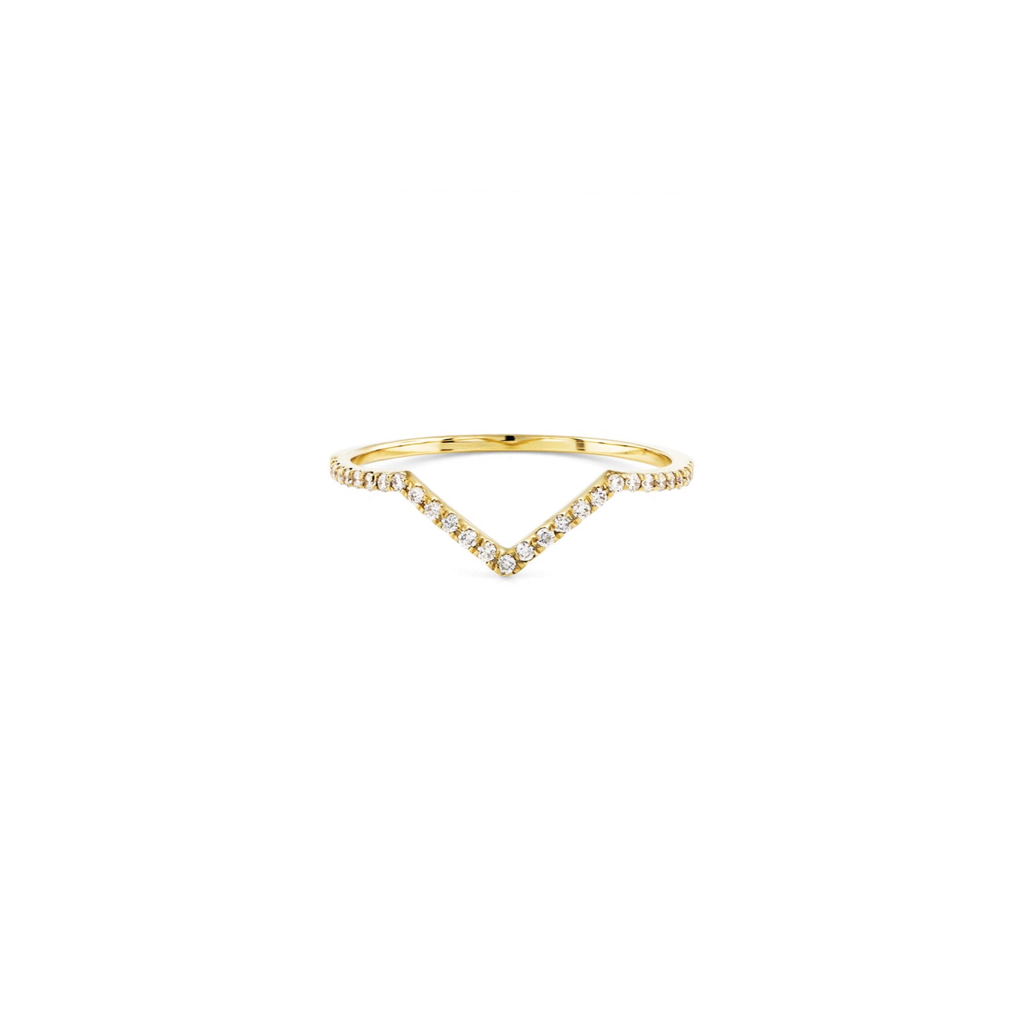 Petite 14k gold flying V ring with shimmering pavé diamonds, delicate outline design, elegant and sophisticated