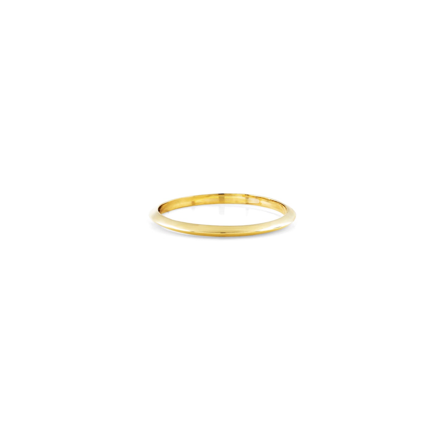 Slim solid 14k gold knife-edge ring with high-polished walls, dainty stacking band in yellow, white, or rose gold