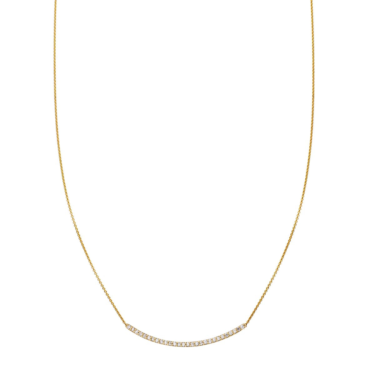 Wide white diamond arch pendant necklace in 14k yellow, white, or rose gold; handcrafted in NYC; also in black diamonds.