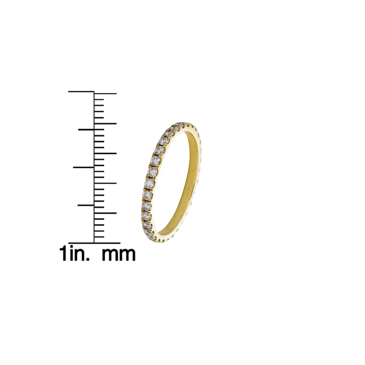 Side view of 2pt diamond gold eternity band with ring measurement guide