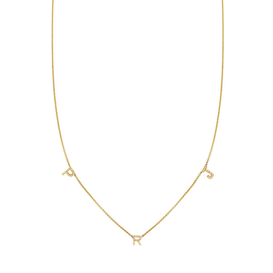 Custom 3-letter diamond initial necklace in 14k gold, shimmering letters on delicate chain, handcrafted in NYC