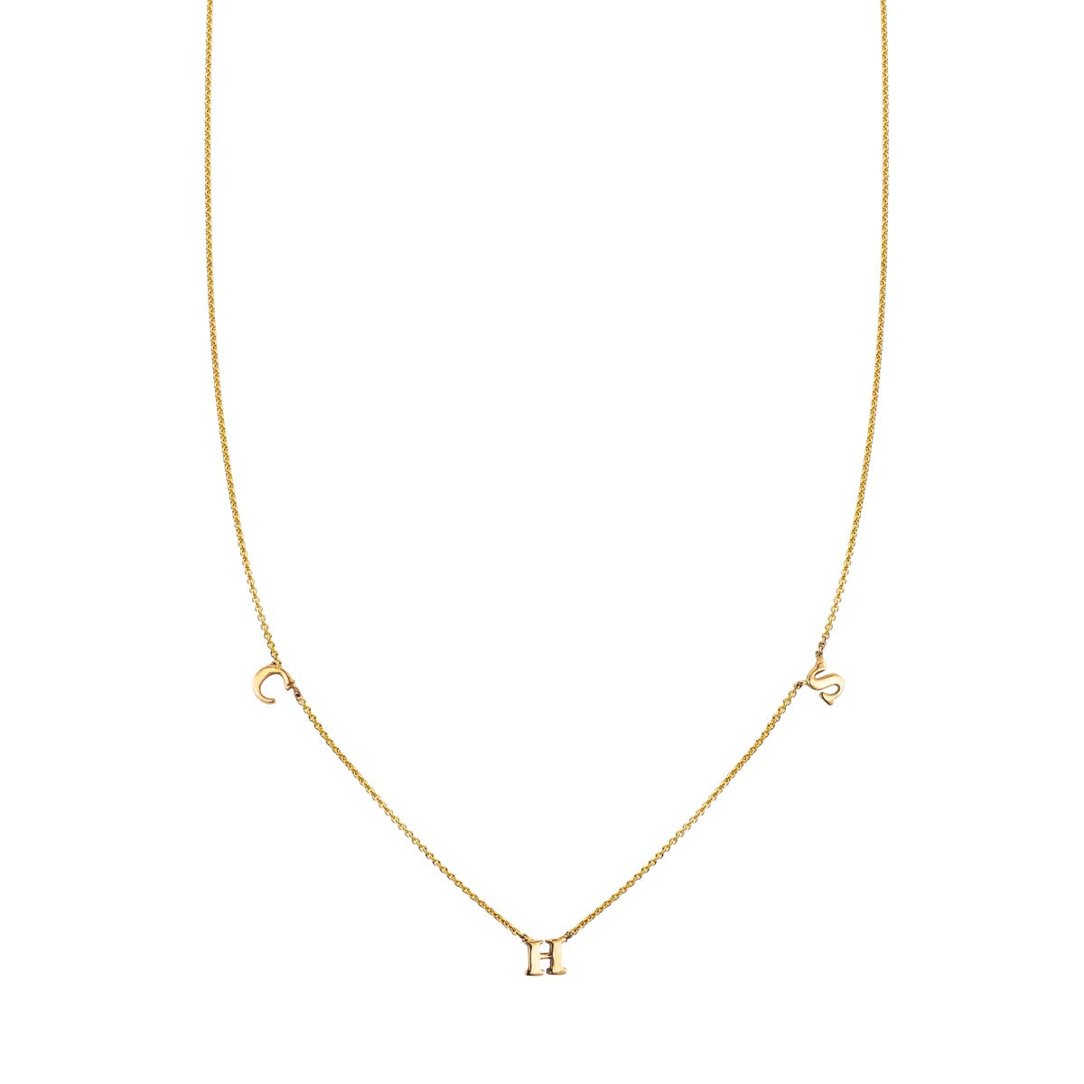 Personalized 3-letter 14k gold initial necklace in yellow, white, or rose gold, dainty chain, handcrafted in NYC