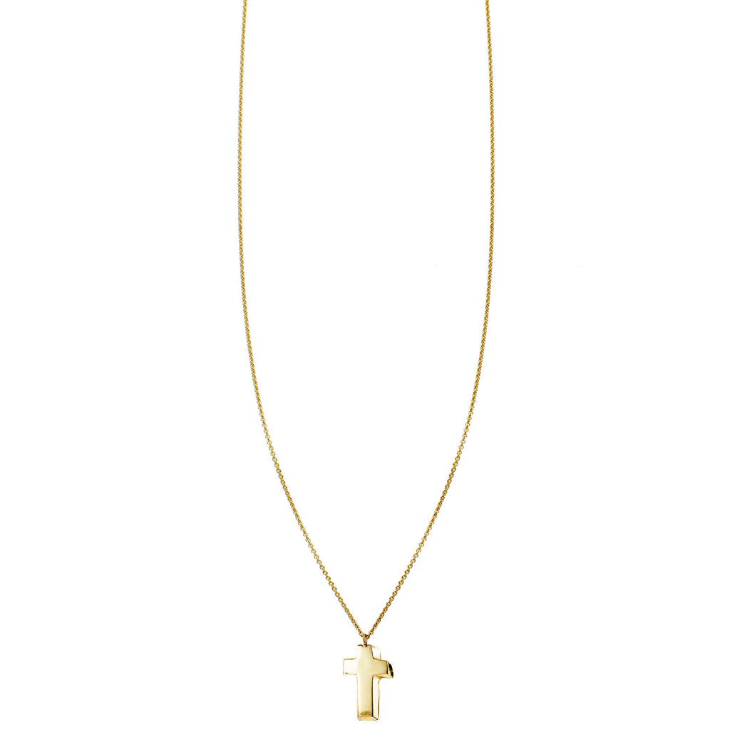 3D tiny baby cross charm necklace in solid 14k yellow gold, handcrafted in New York City; classic faith jewelry