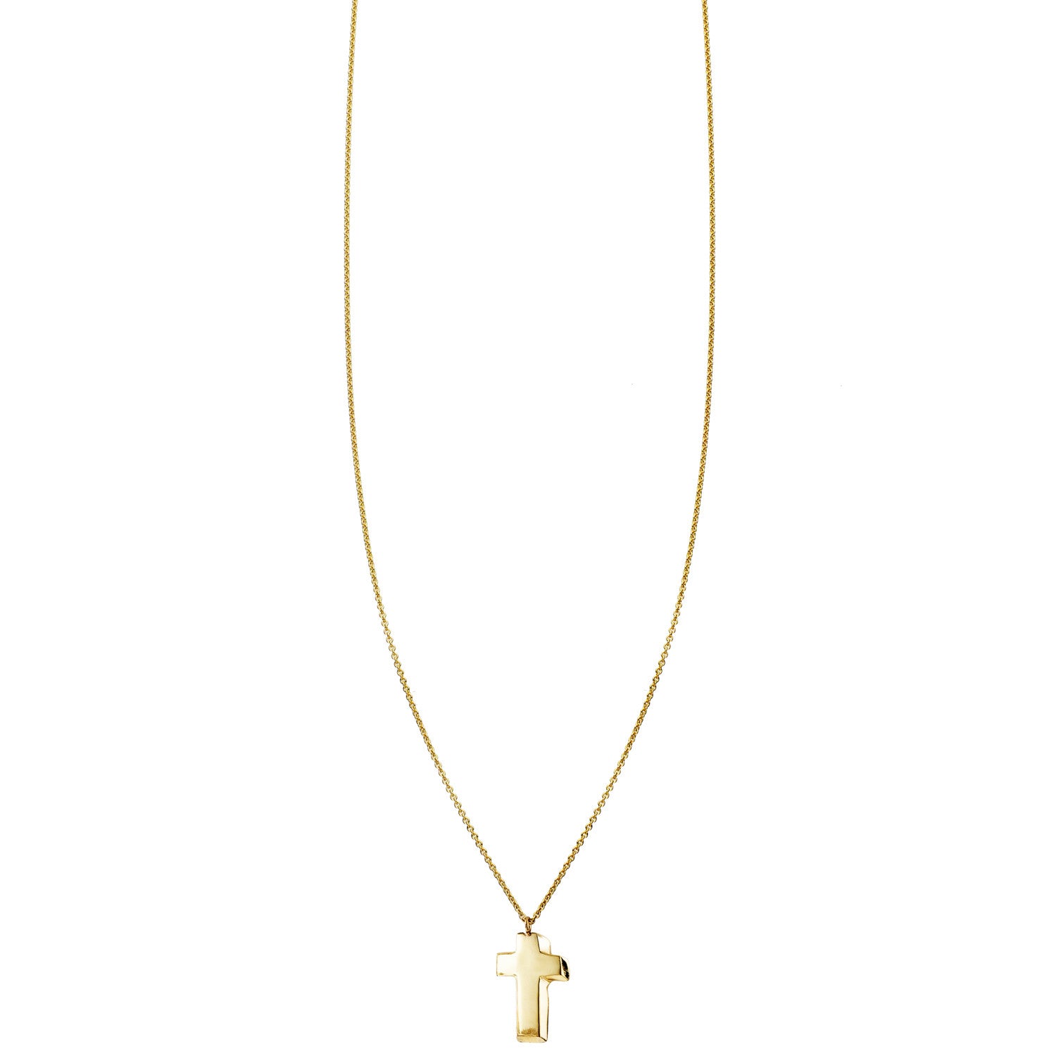 3D tiny baby cross charm necklace in solid 14k yellow gold, handcrafted in New York City; classic faith jewelry
