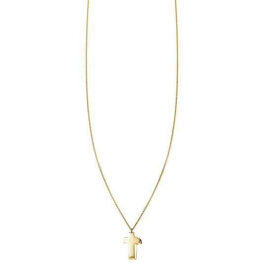 3D tiny baby cross charm necklace in solid 14k yellow gold, handcrafted in New York City; classic faith jewelry