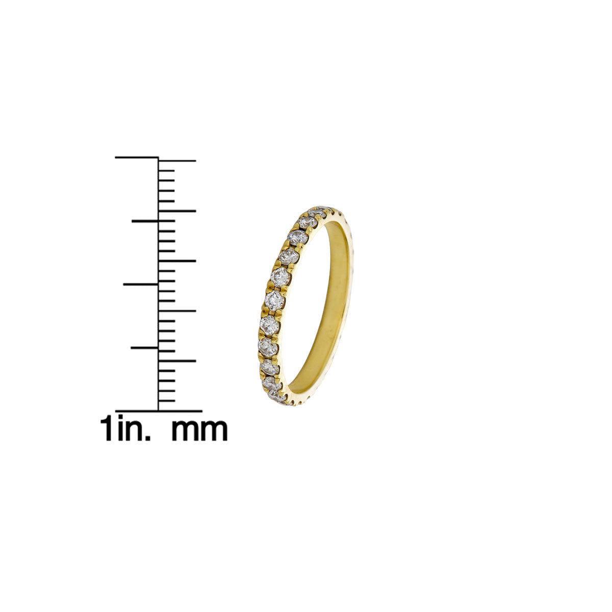 3pt diamond gold eternity band, side view with measurement—delicate stacking wedding ring profile