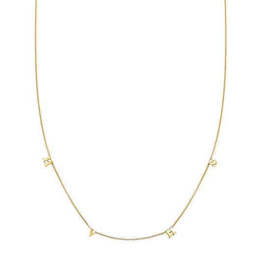 4-letter 14k gold initial necklace in yellow gold, personalized letters, handcrafted in NYC