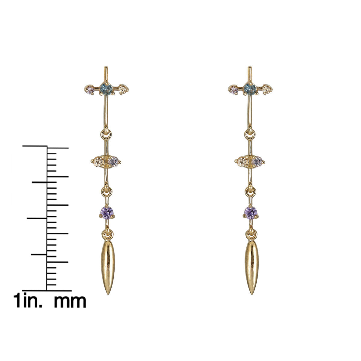 Multicolor sapphire pendulum earrings with rainbow gemstone drops, elegant dangle design