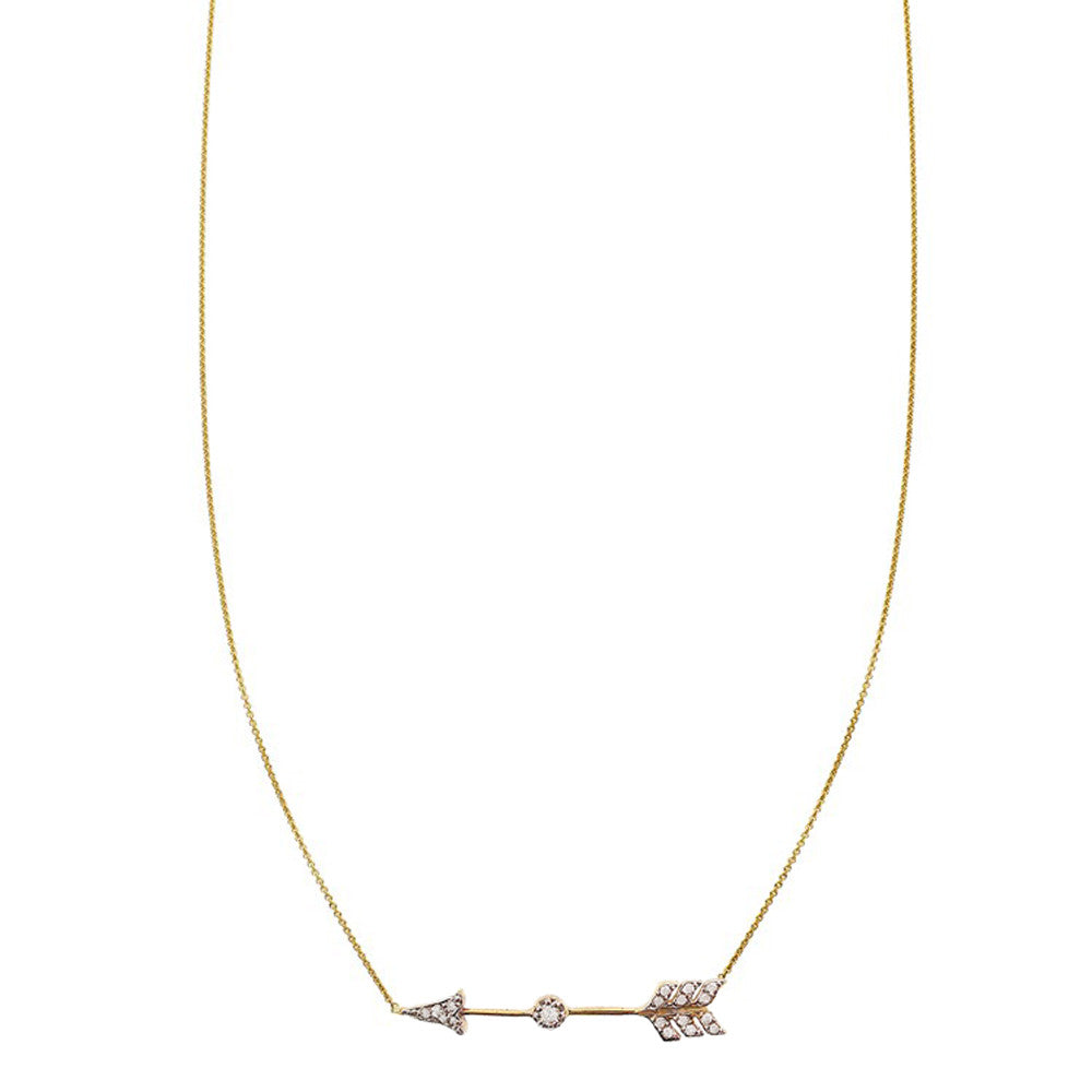 14K gold arrow necklace with pavé VS white diamonds, handcrafted in NYC—elegant symbol of direction, courage, and strength.