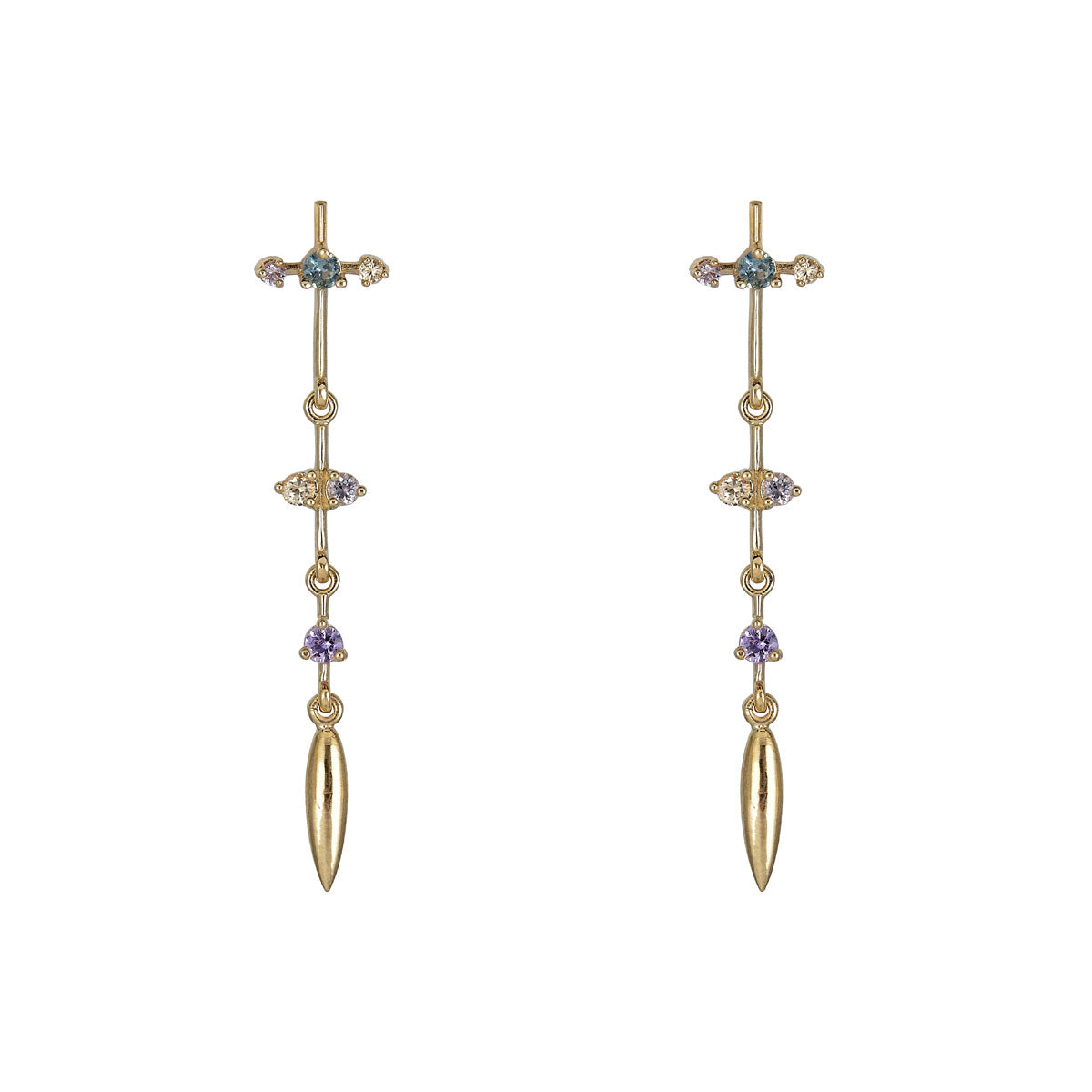 14k gold multicolored sapphire dangle earrings by Phoenix Roze, hand-selected gemstones, elegant, colorful sparkle.