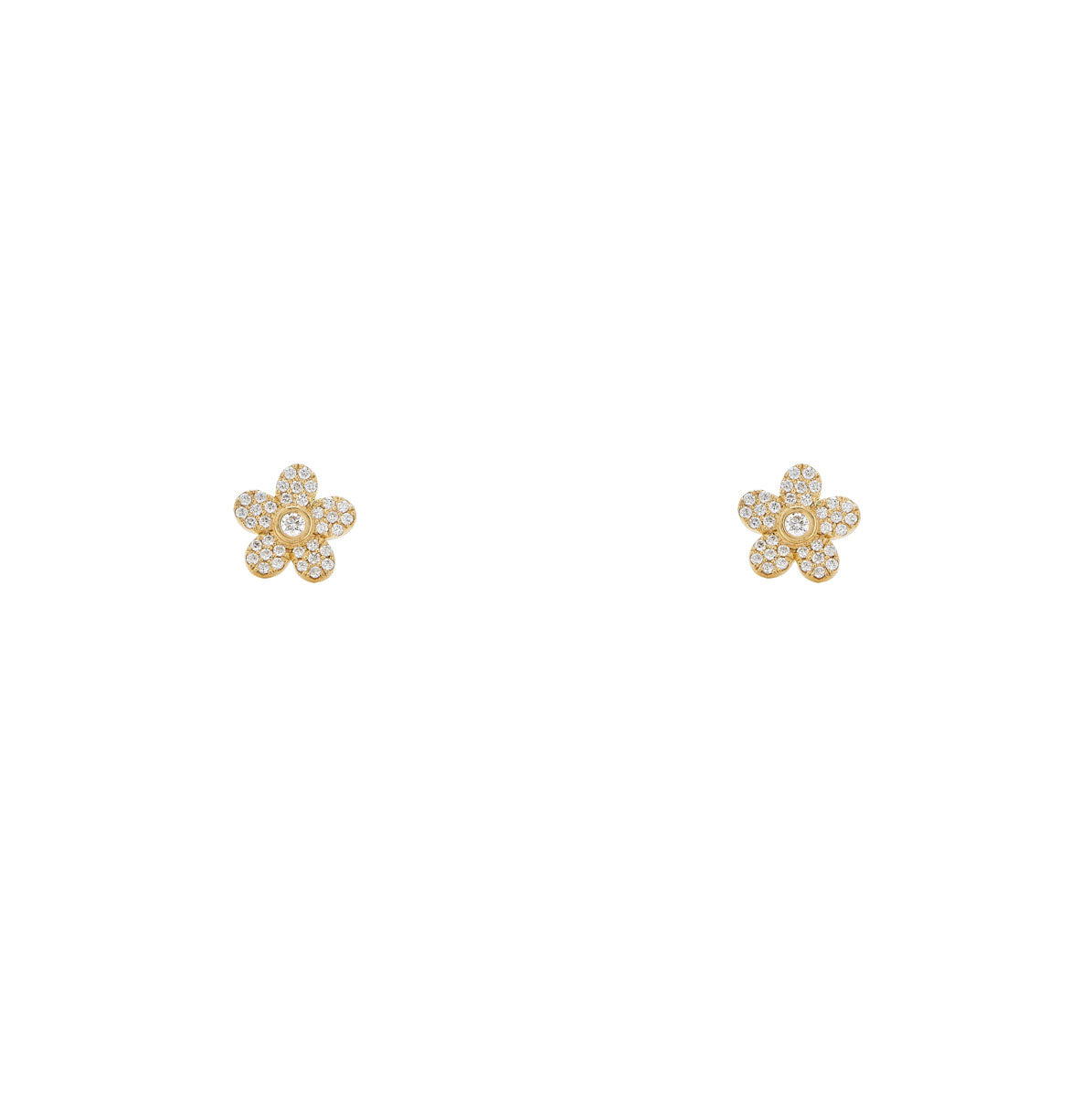 Pave white diamond flower earrings by Phoenix Roze in 14k gold, available in pink, yellow, or white