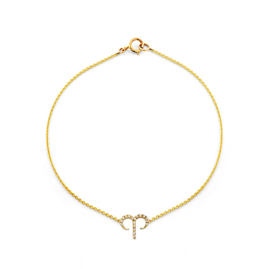 Aries diamond zodiac bracelet in 14k gold with ram constellation charm, fits 6.75in wrist; rose, white or yellow gold