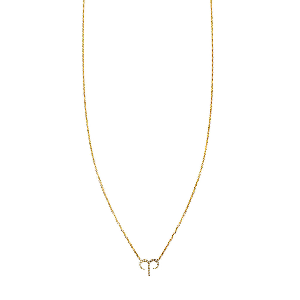 Aries diamond zodiac necklace in gold, pavé ram head pendant, delicate 7x8mm design for March 21–April 19 birthdays