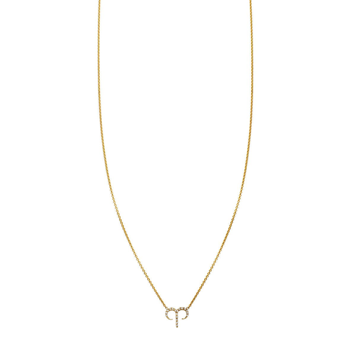 Aries diamond zodiac necklace in gold, pavé ram head pendant, delicate 7x8mm design for March 21–April 19 birthdays