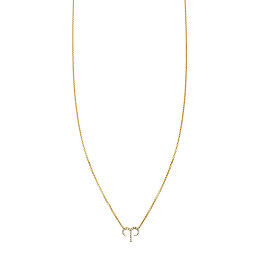 Aries diamond zodiac necklace in gold, pavé ram head pendant, delicate 7x8mm design for March 21–April 19 birthdays