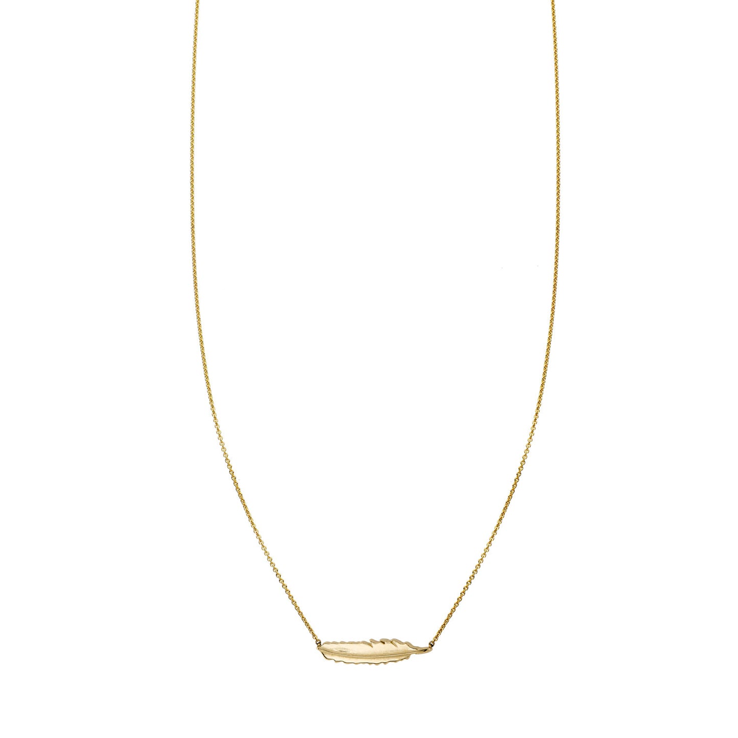 Small 14K gold feather necklace, horizontal charm in yellow, white, or rose gold, handmade in NYC
