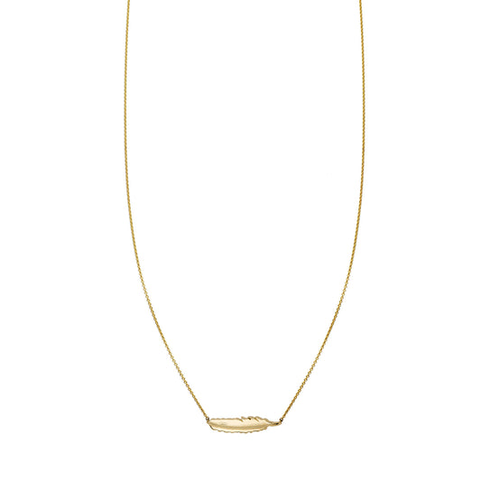 Small 14K gold feather necklace, horizontal charm in yellow, white, or rose gold, handmade in NYC
