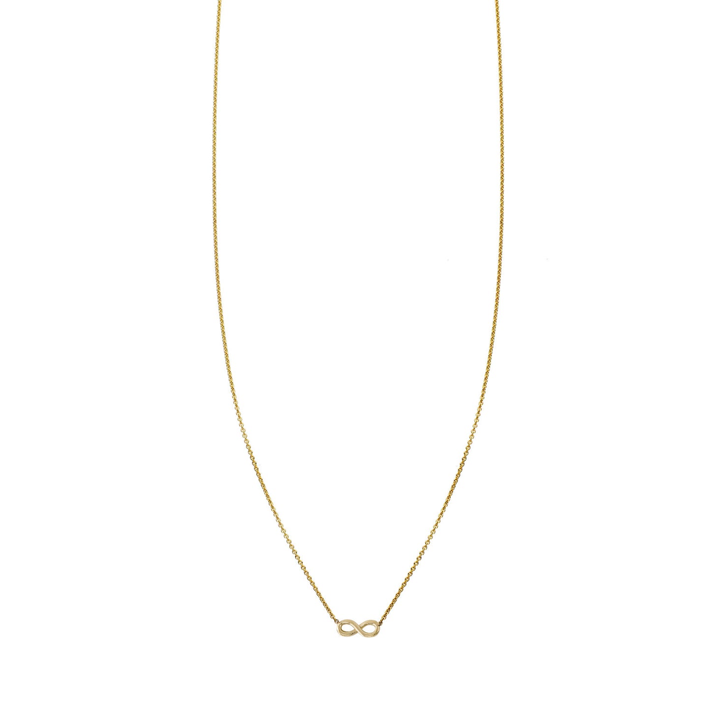 Small gold infinity necklace in 14K yellow gold—tiny horizontal charm on delicate chain, handmade in NYC, minimalist and timeless
