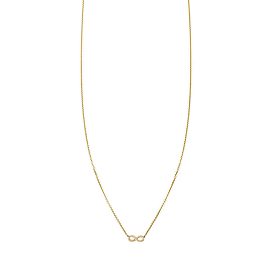 Small gold infinity necklace in 14K yellow gold—tiny horizontal charm on delicate chain, handmade in NYC, minimalist and timeless