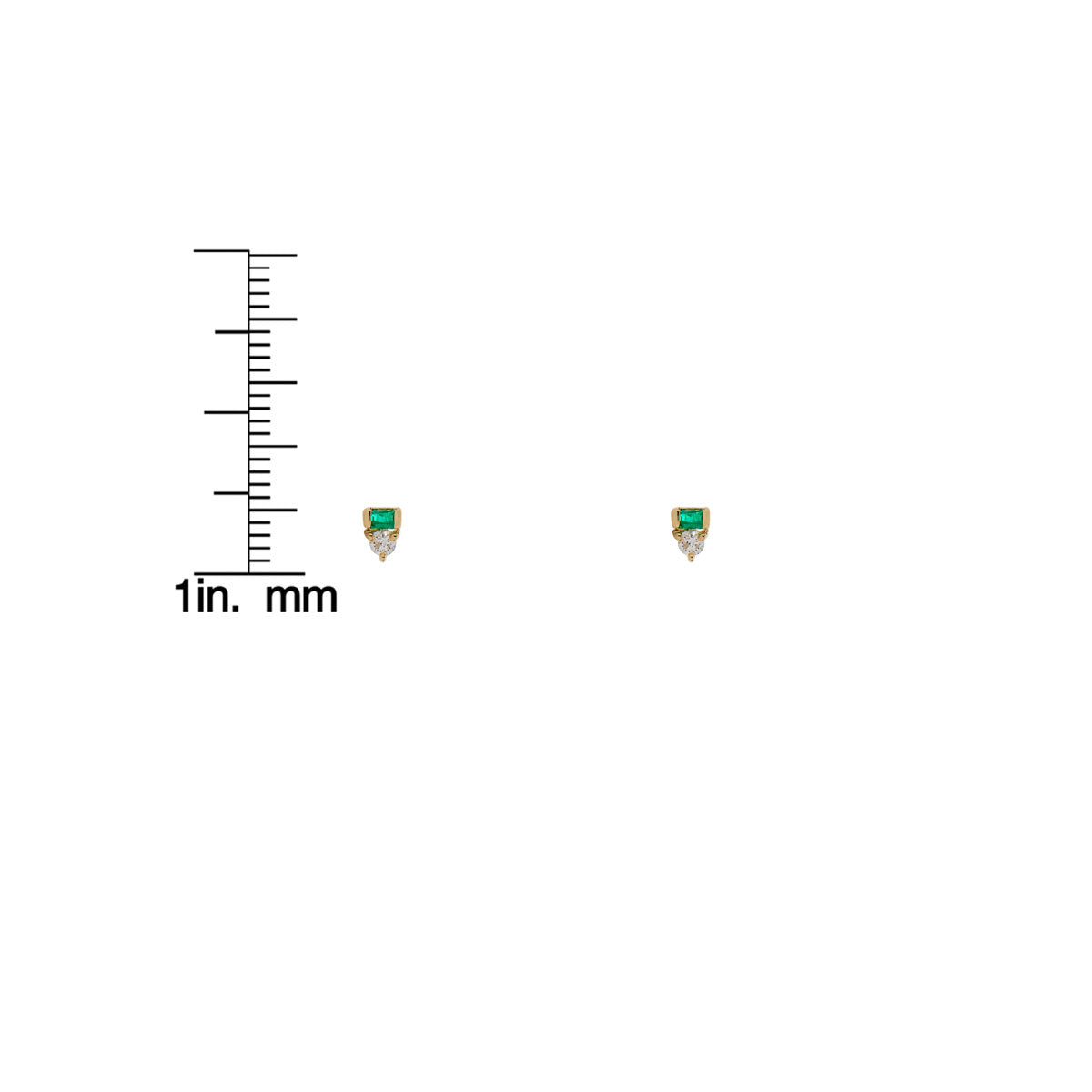 Baguette emerald and diamond gold stud earrings shown with a ruler for size reference