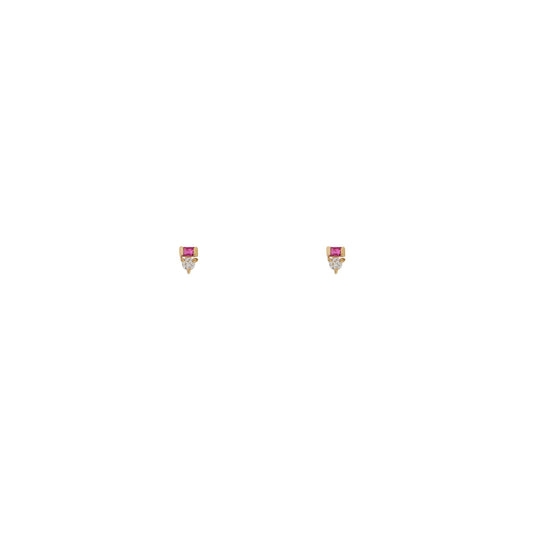14K gold baguette ruby and round diamond stud earrings, elegant red sparkle