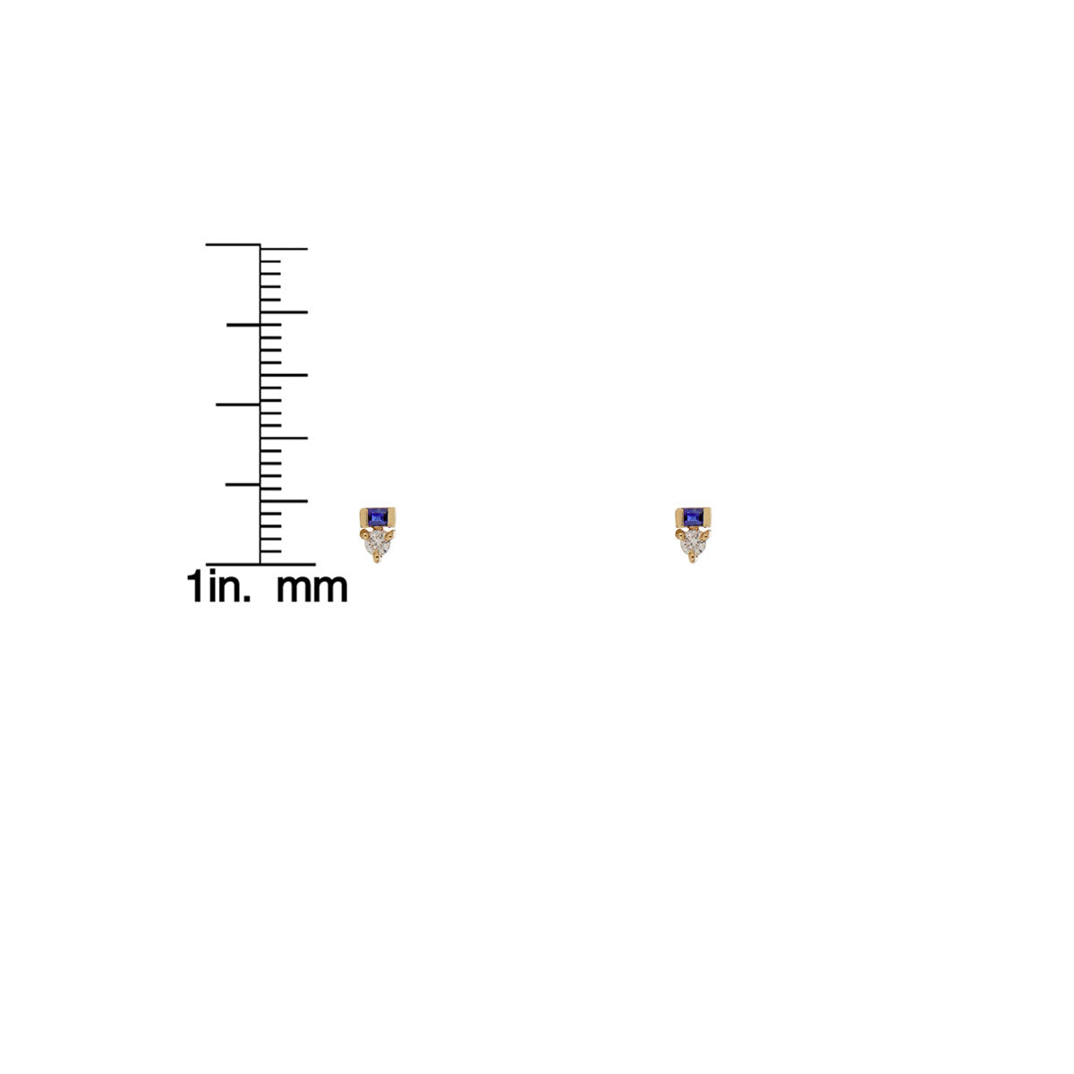 baguette sapphire diamond stud gold earrings with ruler