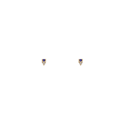 14K gold baguette sapphire and round diamond stud earrings, petite sparkle for day or night by Phoenix Roze