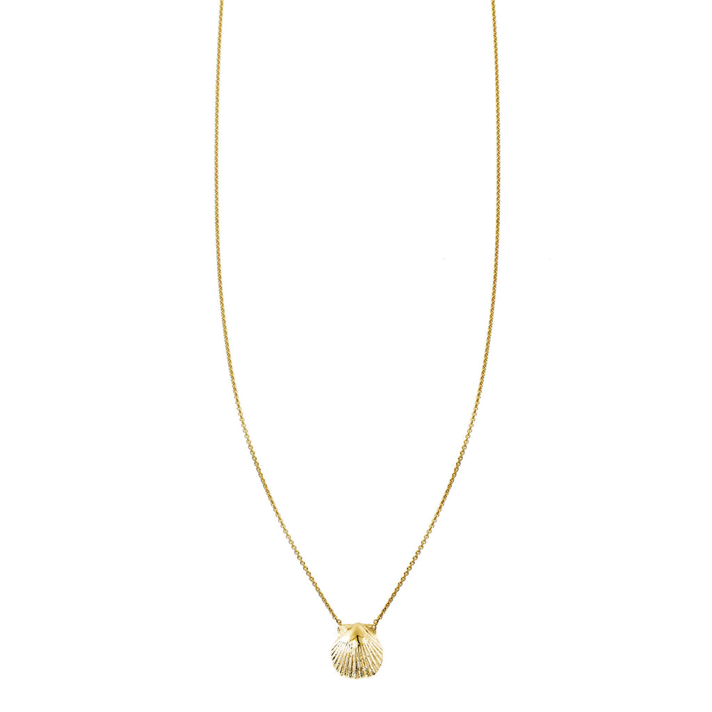 Delicate 14k gold seashell charm necklace, beach-inspired petite pendant for everyday wear