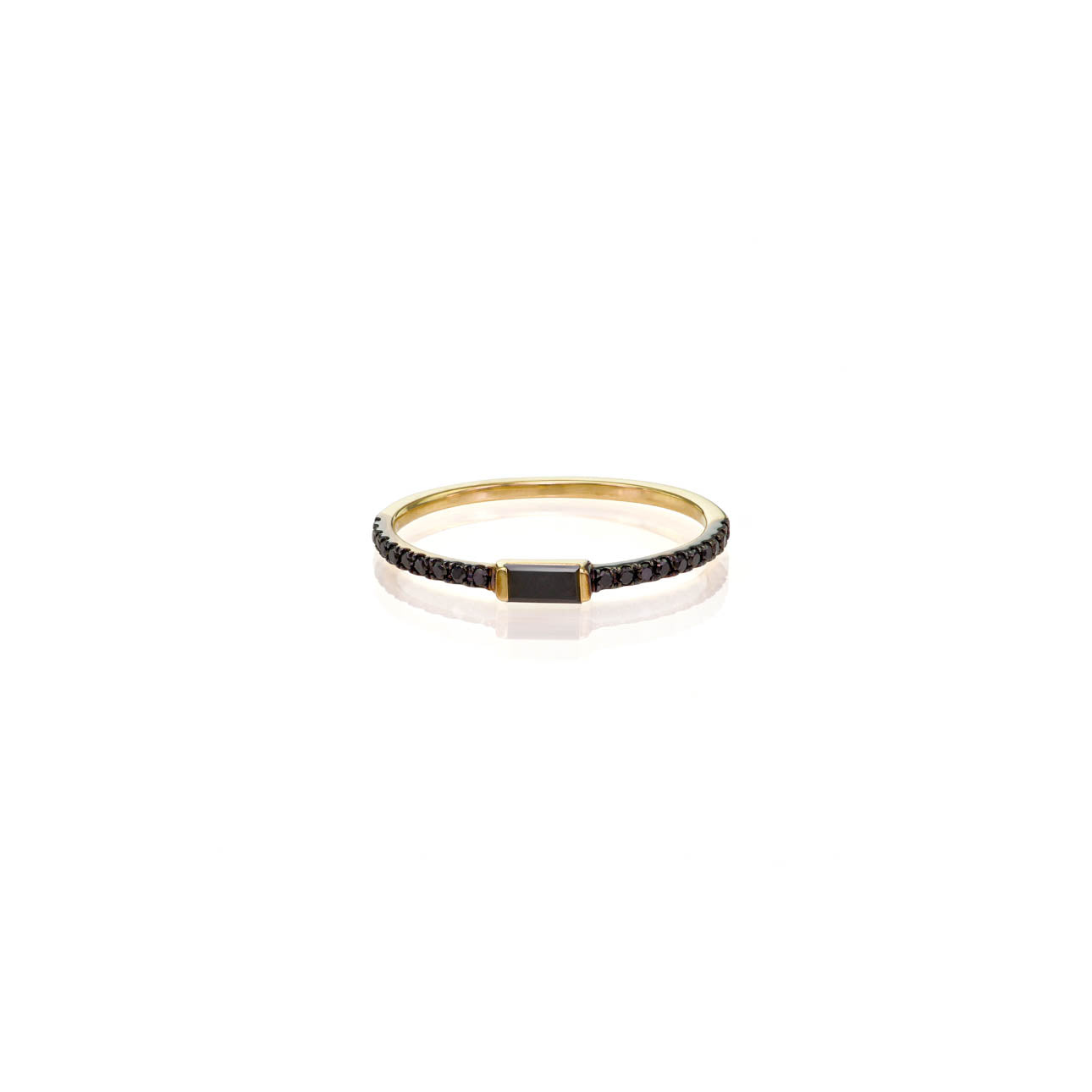 Black baguette diamond ring on a gold band, 5mm baguette center with pavé black diamonds in rose, white, or yellow gold.