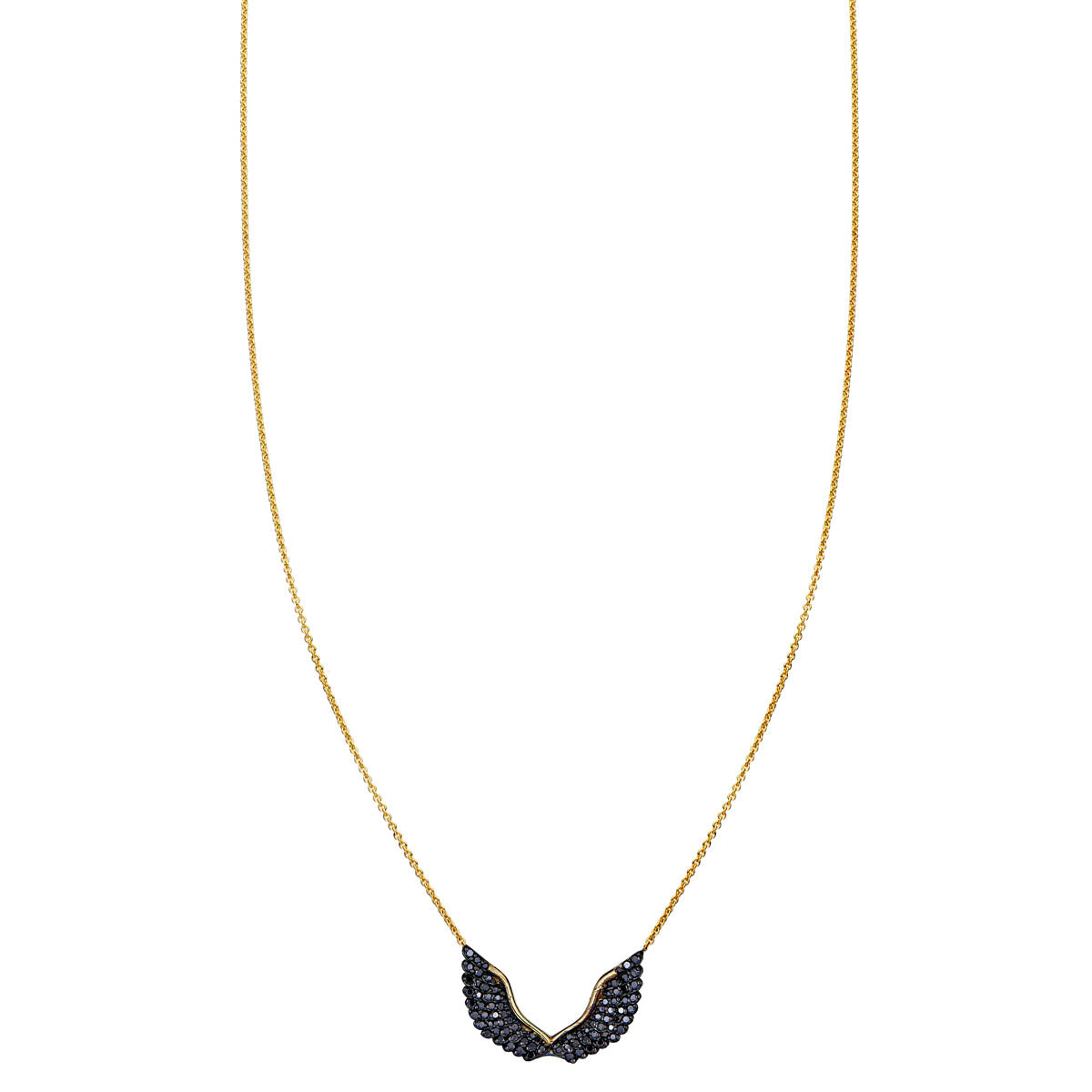 Black diamond angel wings necklace in 14k yellow, white, or rose gold, pave-set two-row wing pendant