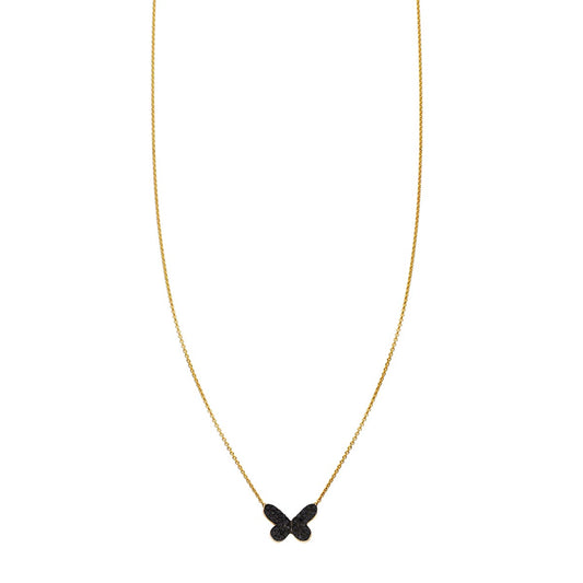 14k gold butterfly necklace with pavé-set black diamonds, 8mm pendant, in yellow, white, or rose gold