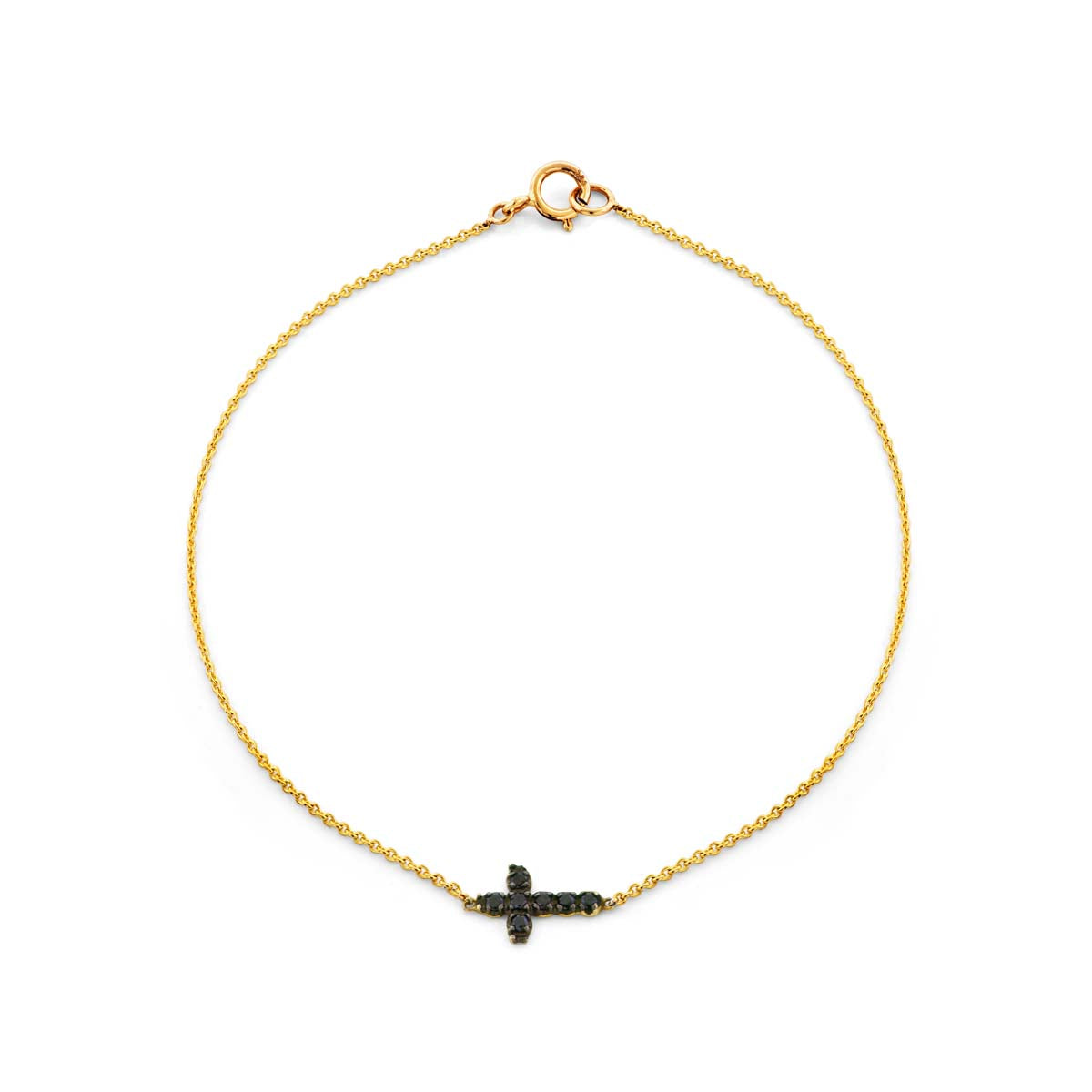 Black diamond cross bracelet in 14k yellow gold, Gothic-inspired and handcrafted in NYC