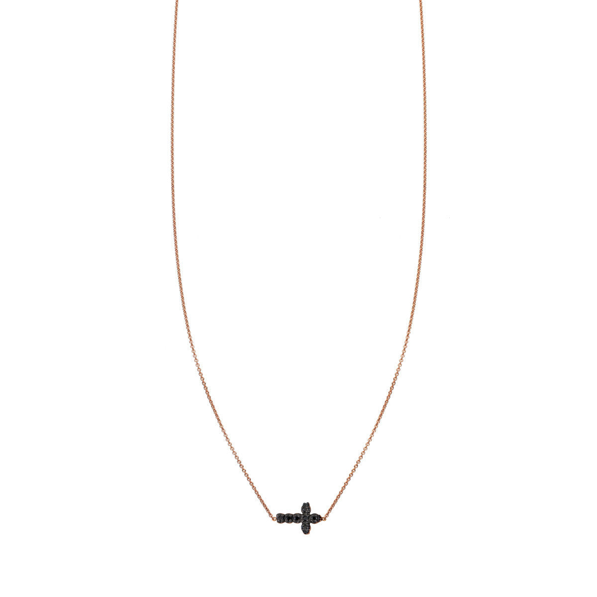 Black diamond pave sideways cross necklace in solid 14k gold, modern minimalist, handmade in NYC