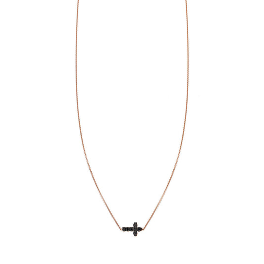 Black diamond pave sideways cross necklace in solid 14k gold, modern minimalist, handmade in NYC