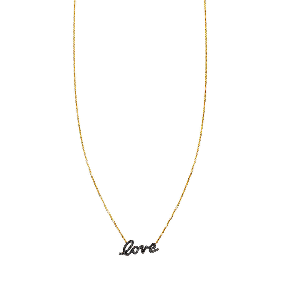 Phoenix Roze 14k gold cursive love necklace with black diamond script pendant