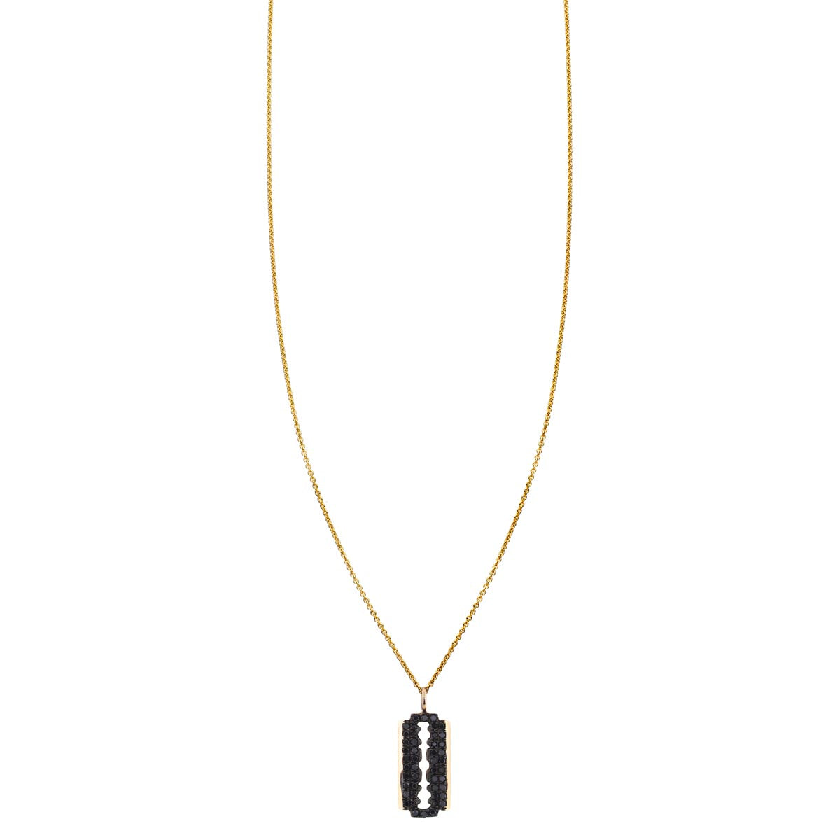Black diamond double-edge razor blade pendant on solid 14k gold chain, 15mm, edgy necklace in yellow, white or rose gold