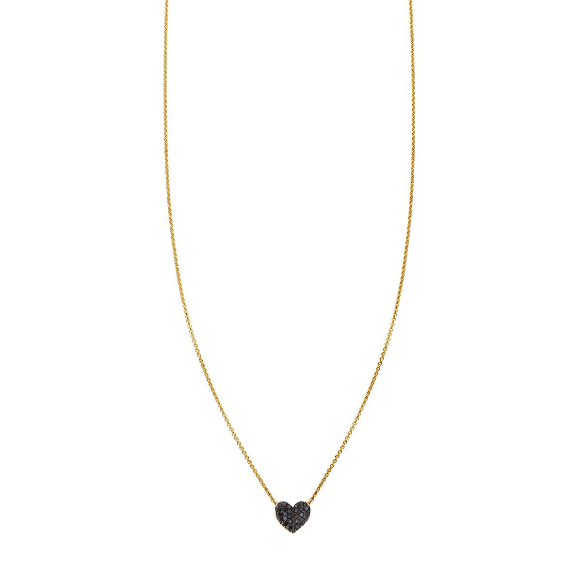Black diamond folded heart necklace on a delicate gold chain; elegant pendant with a slightly folded, black diamond–studded heart