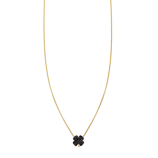 9mm black diamond four-leaf clover pendant on gold chain—Irish lucky charm necklace