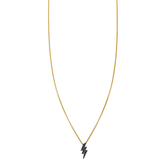Dainty 14k gold lightning bolt necklace set with black diamonds; available in yellow, white, or rose gold
