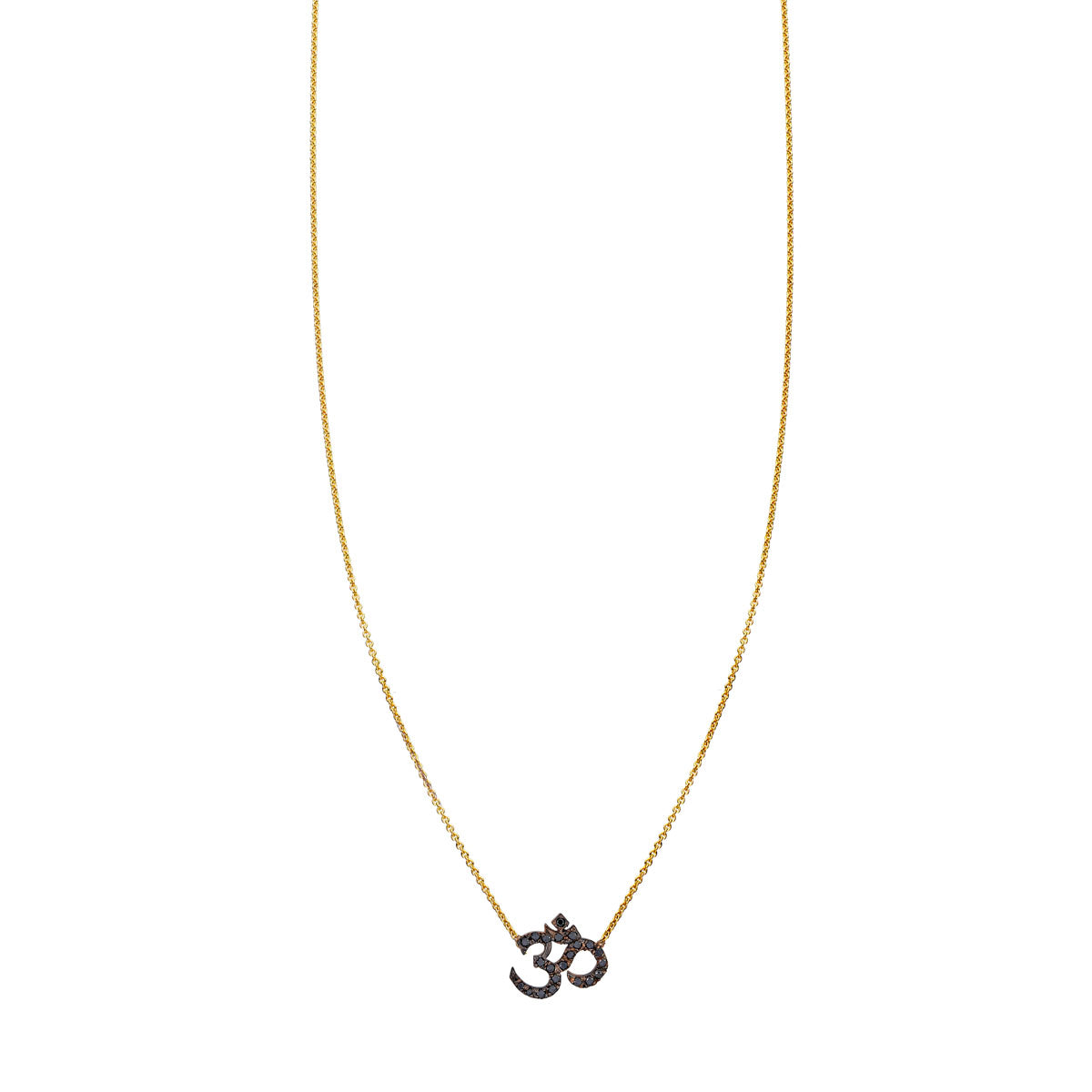 Black Diamond OHM Necklace in solid 14K gold, pavé-set black diamonds on mantra pendant—elegant mindful jewelry