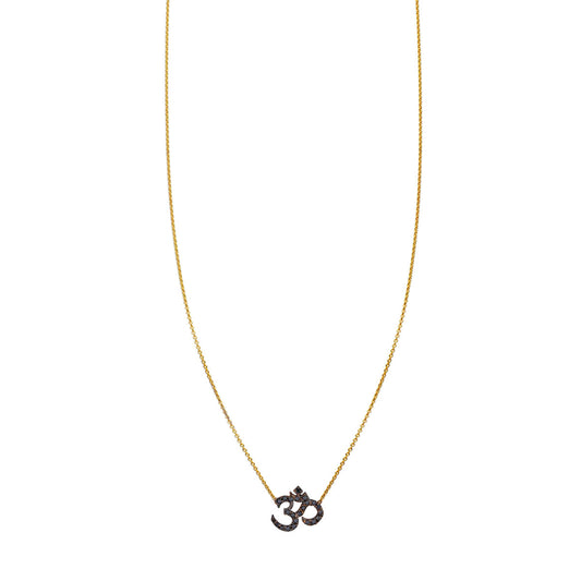 Black Diamond OHM Necklace in solid 14K gold, pavé-set black diamonds on mantra pendant—elegant mindful jewelry
