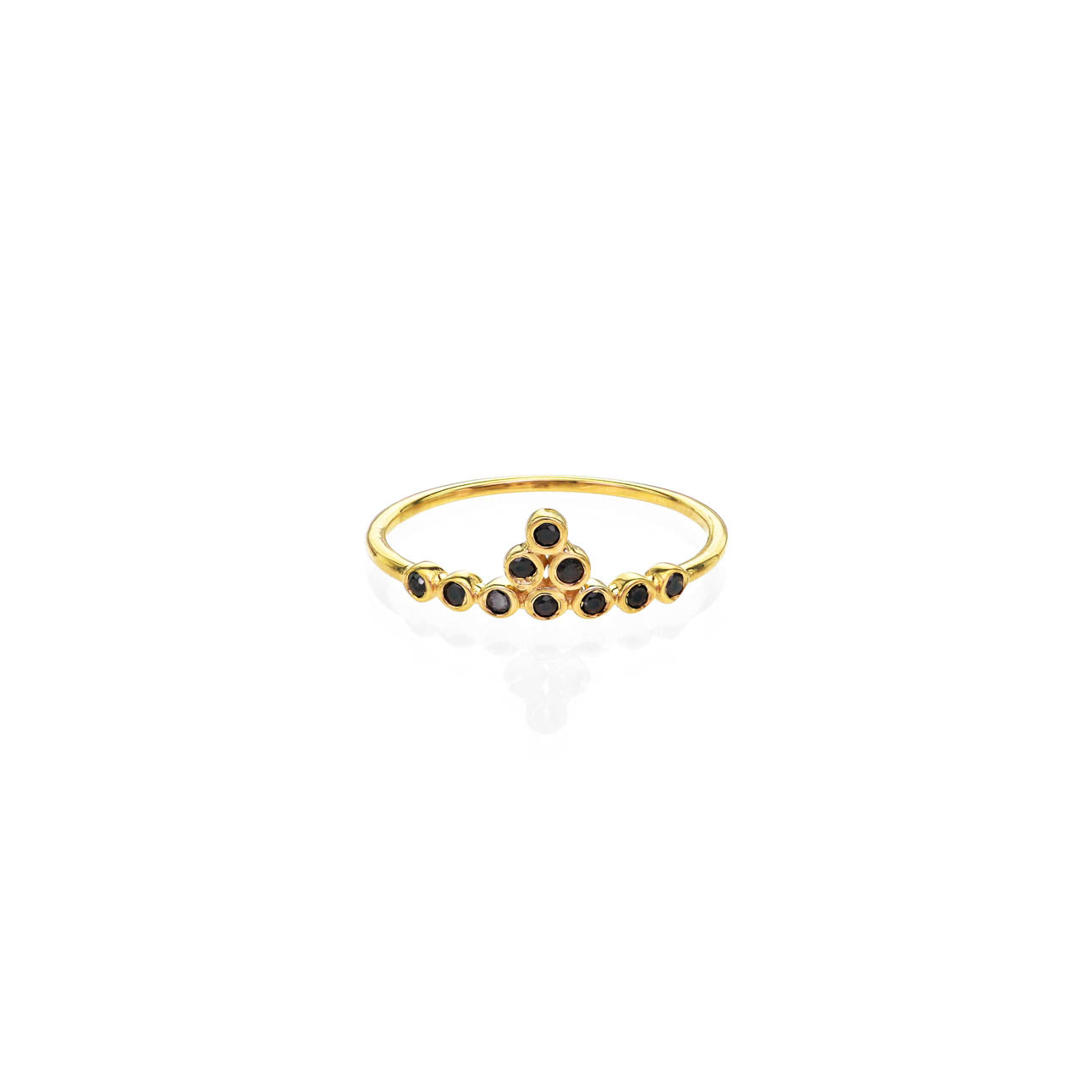 14k gold tiara ring with ten black diamonds, delicate 1.2mm band, crown-inspired design by Phoenix Roze