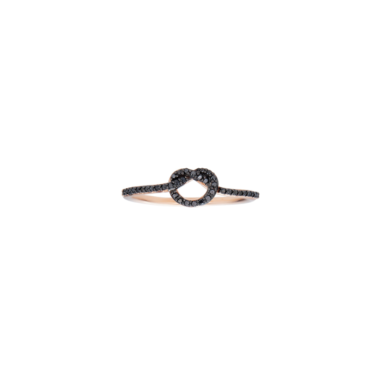 Black Diamond Love Knot ring in 14k white, yellow, or pink gold, pavé-set with glimmering black diamonds