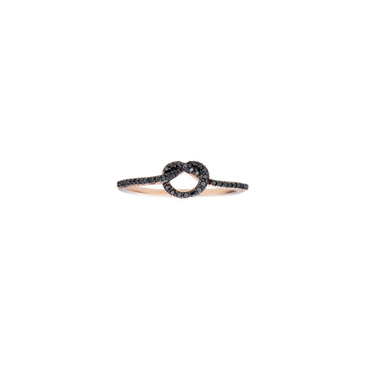 Black Diamond Love Knot ring in 14k white, yellow, or pink gold, pavé-set with glimmering black diamonds