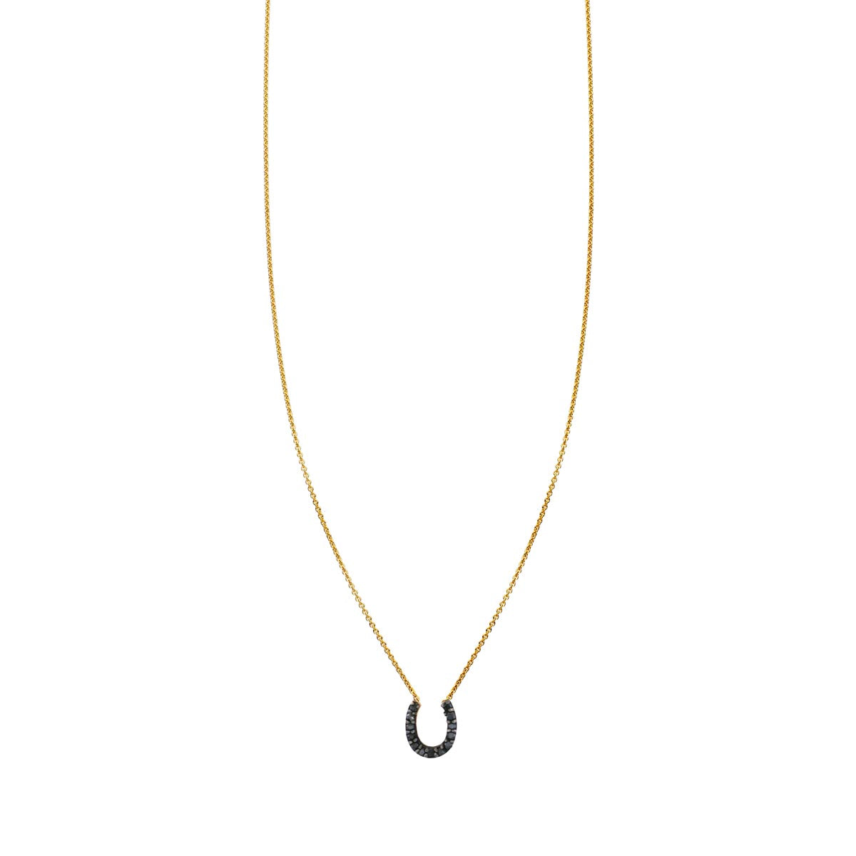Black diamond lucky horseshoe necklace in solid 14k gold, yellow, white or rose, handcrafted in NYC