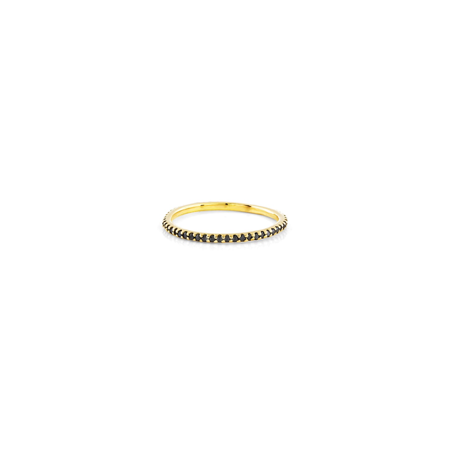 Stackable mini black diamond eternity band in 18k yellow gold, subtle ring for mindful style and striking contrast